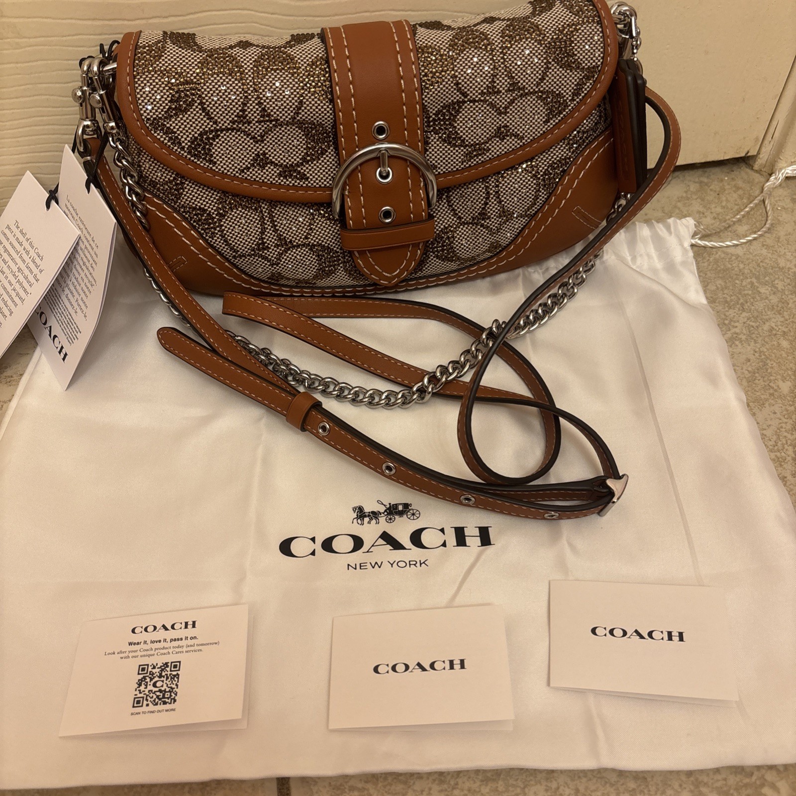 Coach Womens Soho Bag 25 Signature Crystal Jacquard CBJ65 Burnished Amber