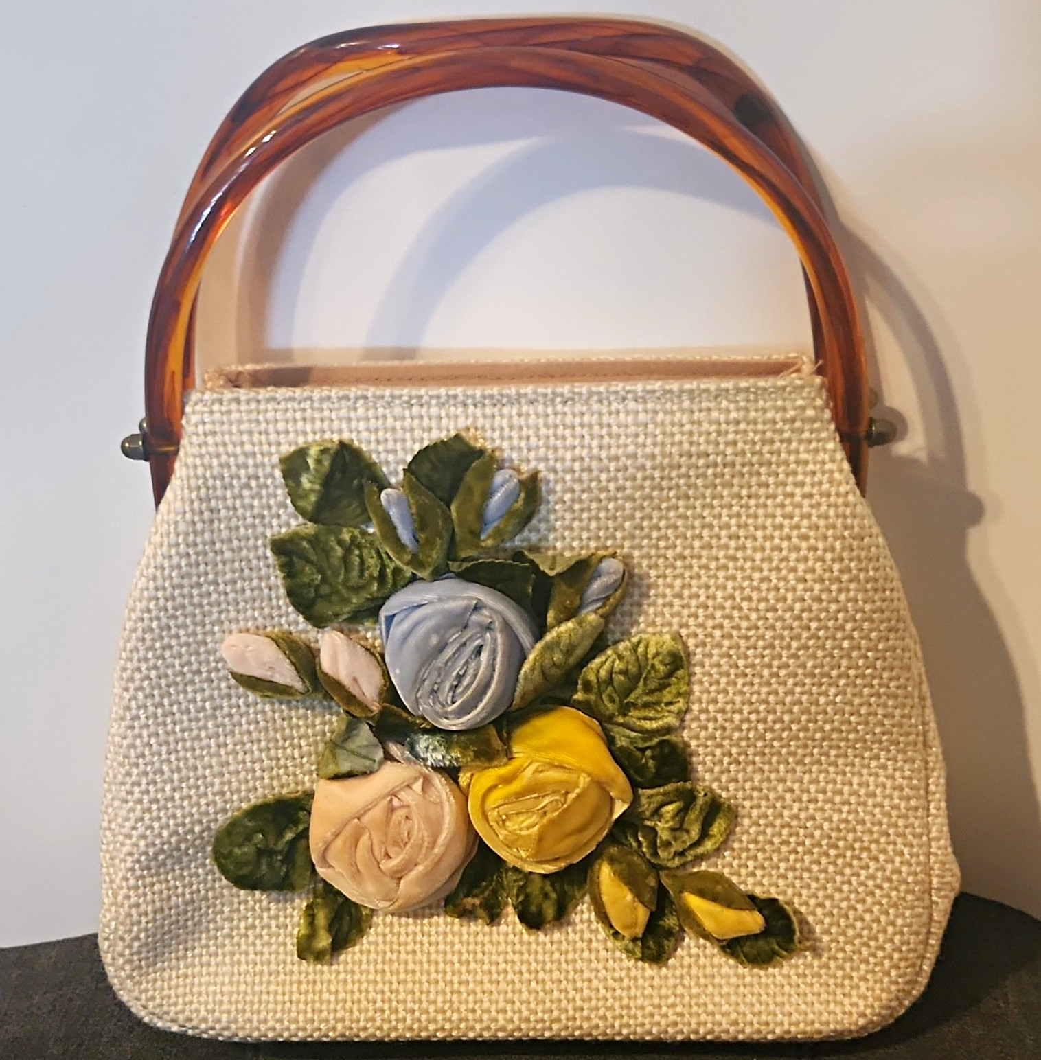 Vintage Julius Resnick Purse with Velvet Roses and Tortoise Handles