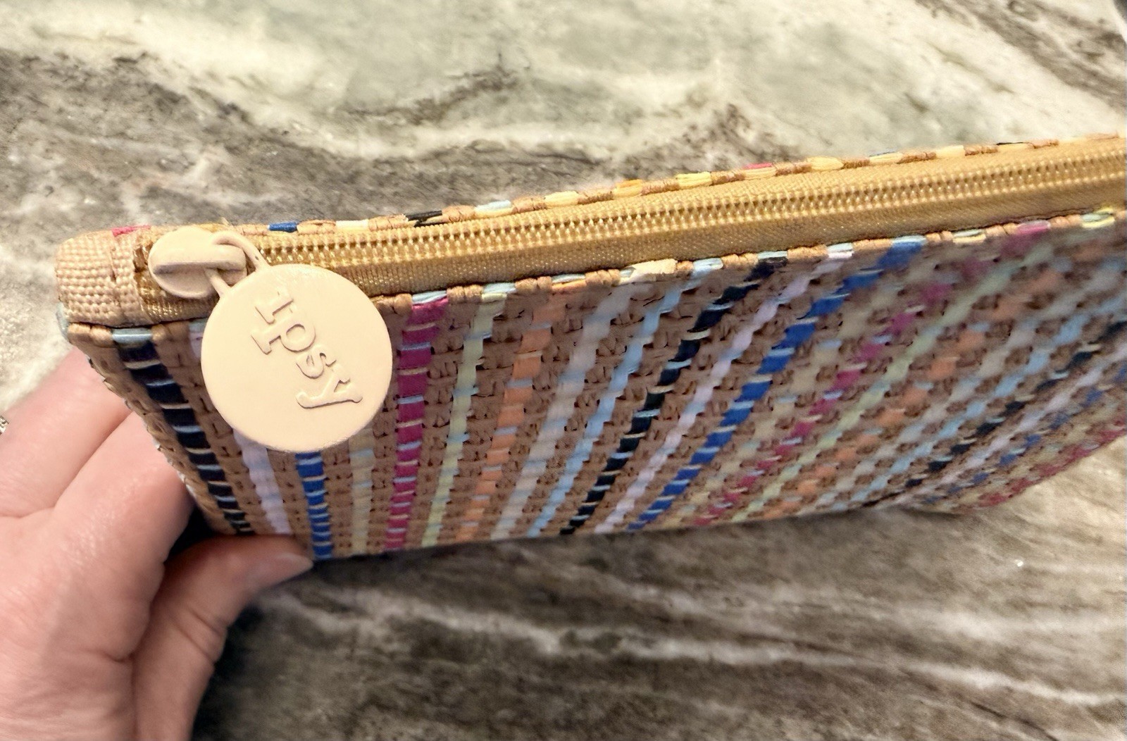 Ipsy~Woven Straw Pouch~Multicolor Striped Summer Makeup Bag~Zip Top 8×5”~New