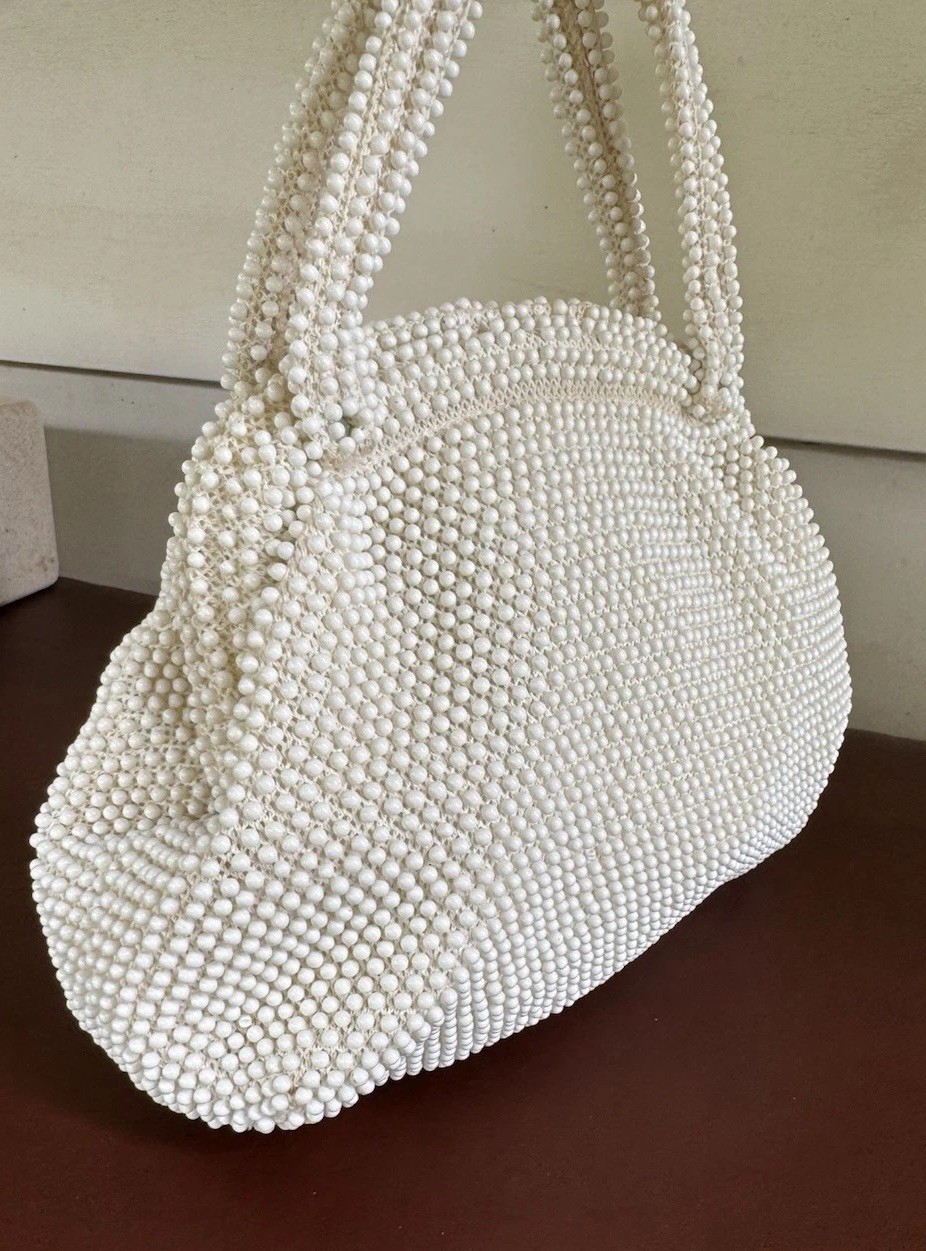 Vintage Candy Dot Purse Beaded White Plastic Double Sided Bag Corde Bead Lumered