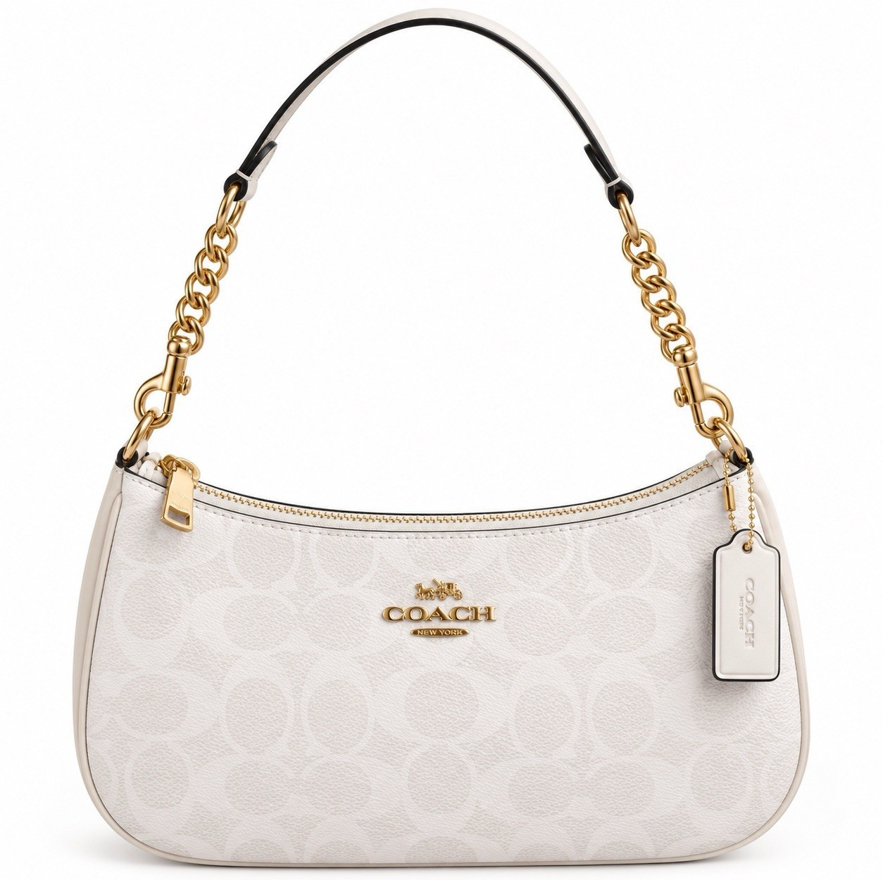 Coach White Signature Logo Shoulder Bag Zip Gold Chain Detachable Strap