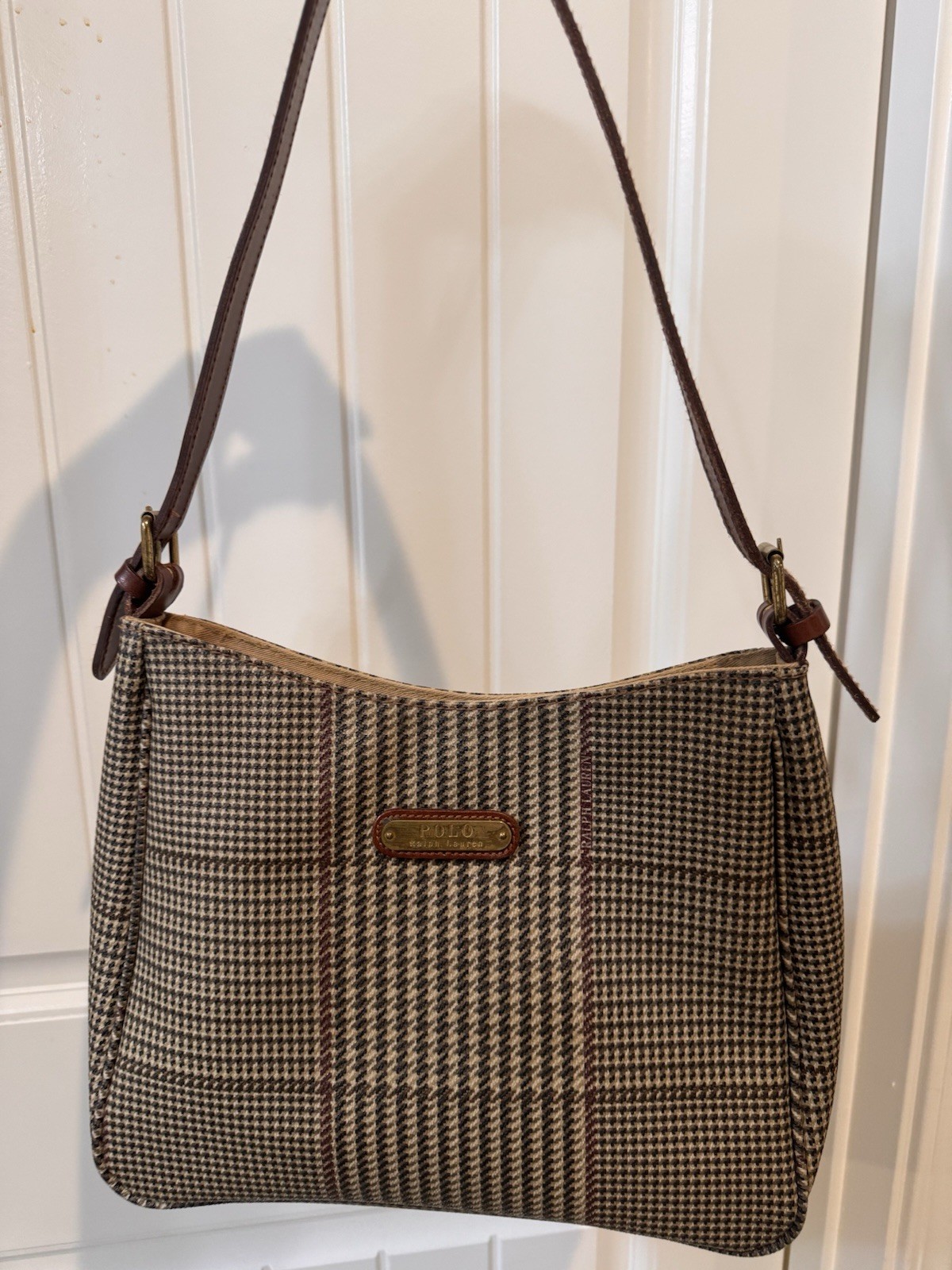 Polo Ralph Lauren Houndstooth Shoulder Bag Beige Brown Zip Gold Hardware