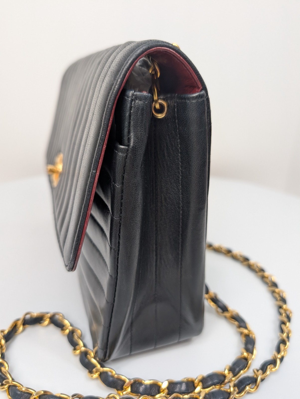 Chanel Vintage Black Vertical Stitch Flap Bag with Circle 24K Gold CC Turn-Lock