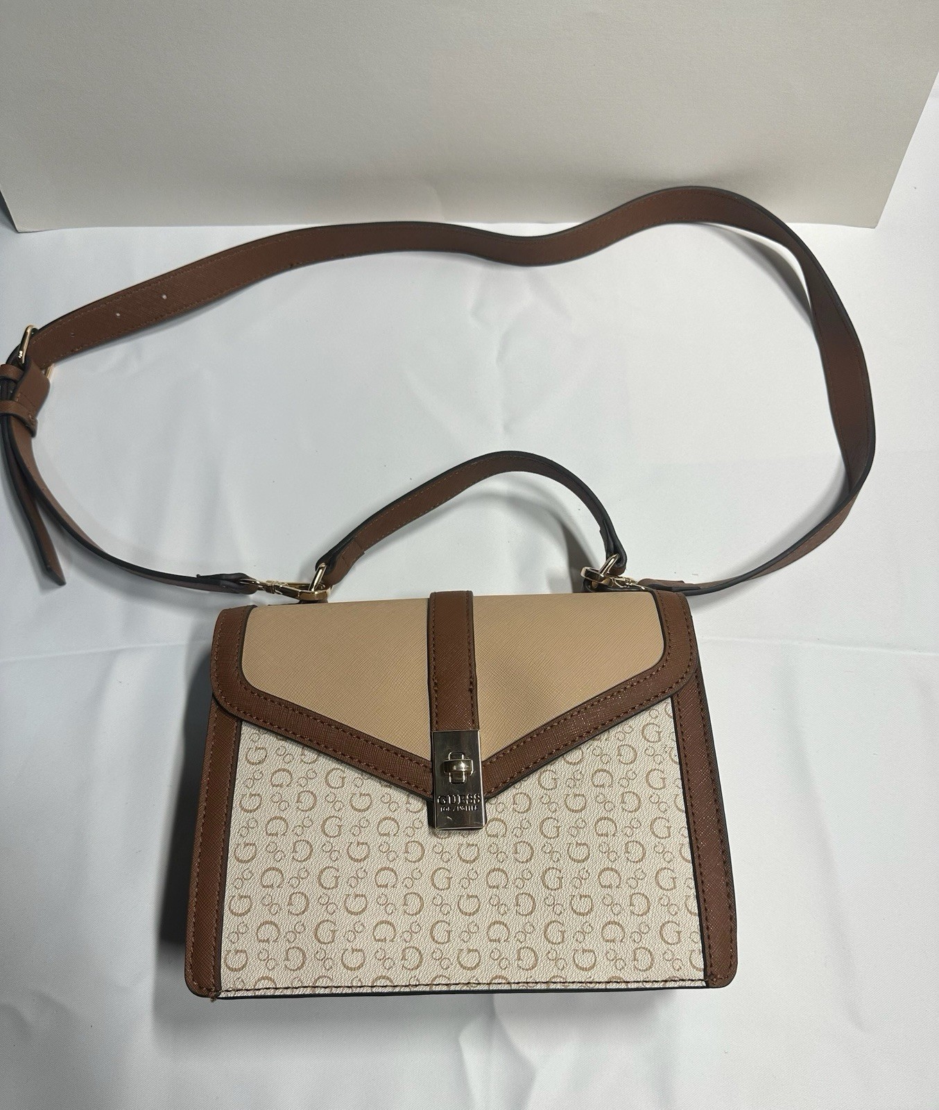 GUESS Los Angeles Beige Brown Monogram Top Handle Crossbody Satchel Bag