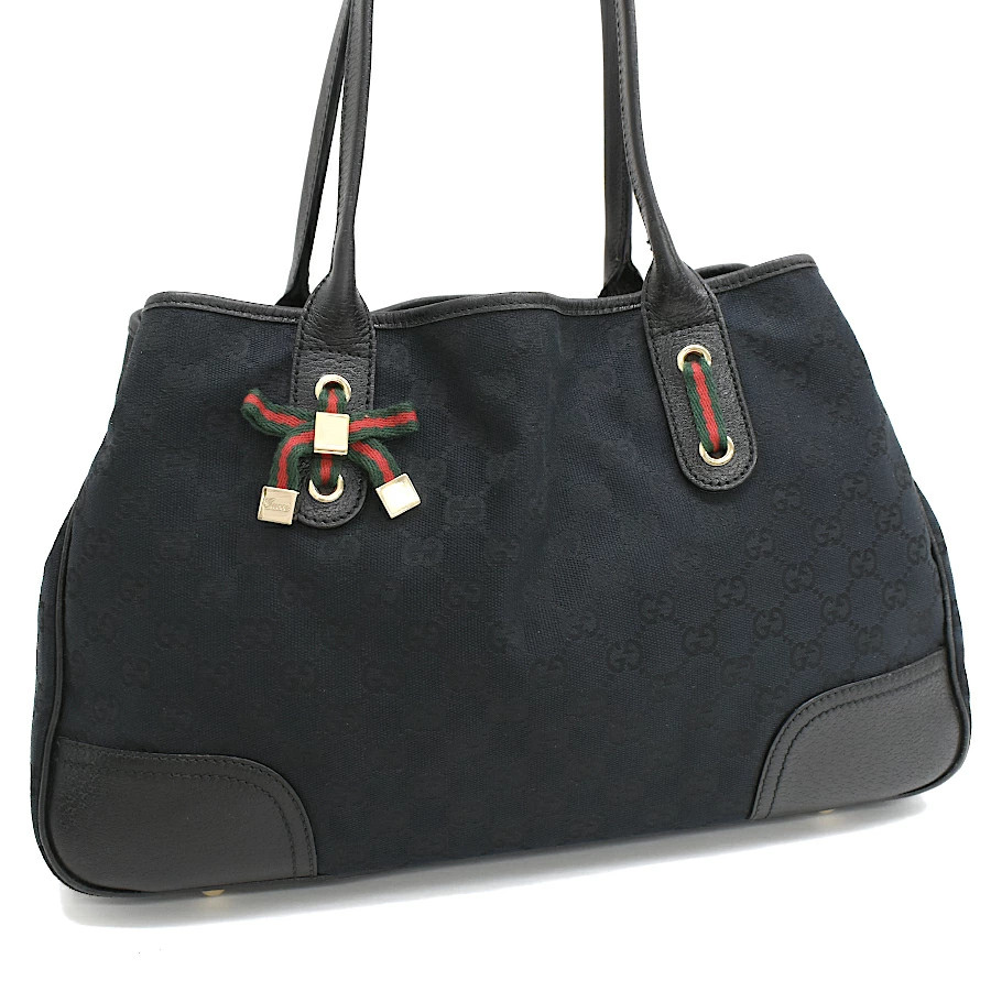 GUCCI 163805 Princy GG Canvas Leather Sherry Line Ribbon Black Tote Bag #PB15822