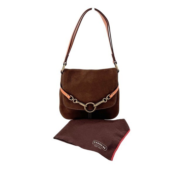Coach Hamptons 9387 Ring Clip Flap Shoulder Bag Vintage Brown Nubuck Suede Boho