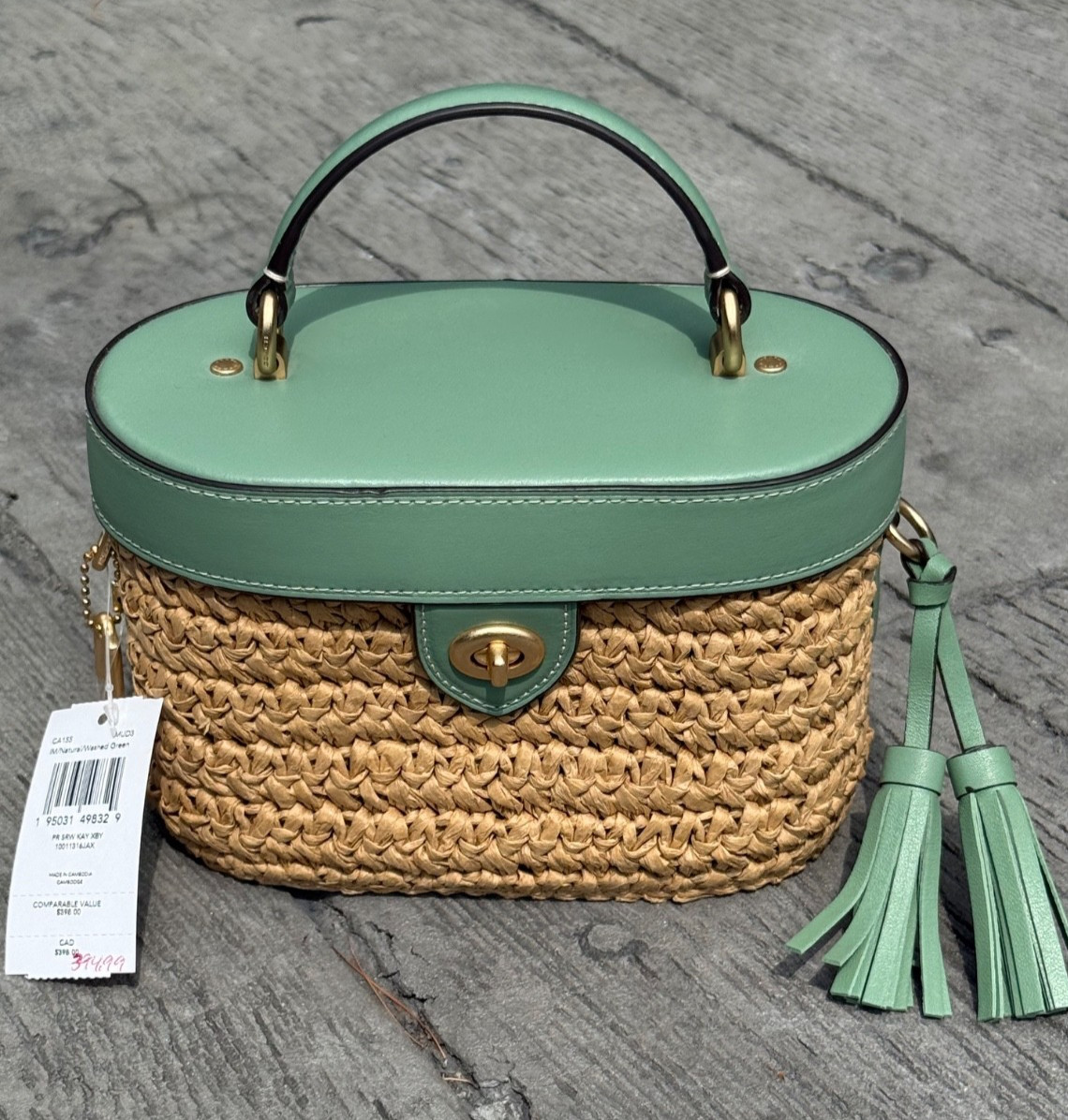 NWT Coach Kay Crossbody Washed Green Leather & Straw + Dustbag CA155