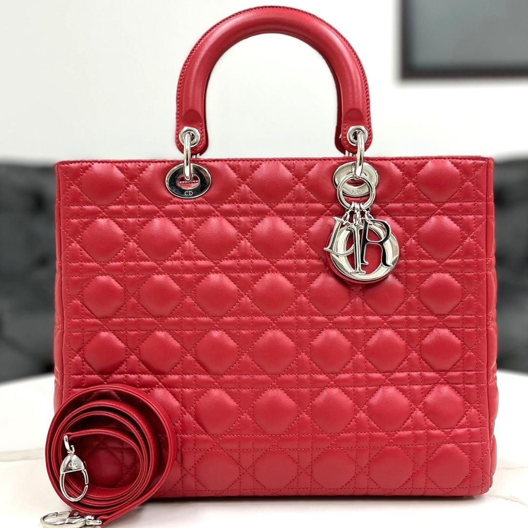 DIOR Lady Dior Large Cannage Red W31.5×H25×D11.5cm Lambskin Le #QY0W48