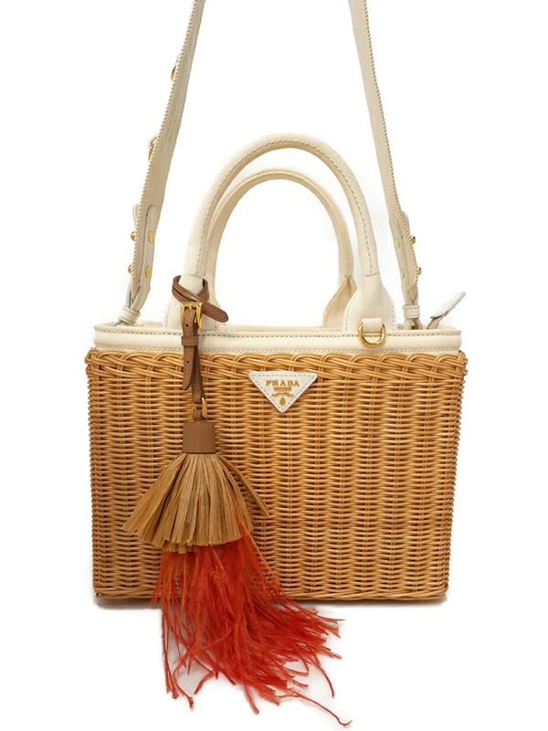 Prada Wicker Basket Bag 1BG835 Canvas Natural Shoulder Bag with Papers #TB3390