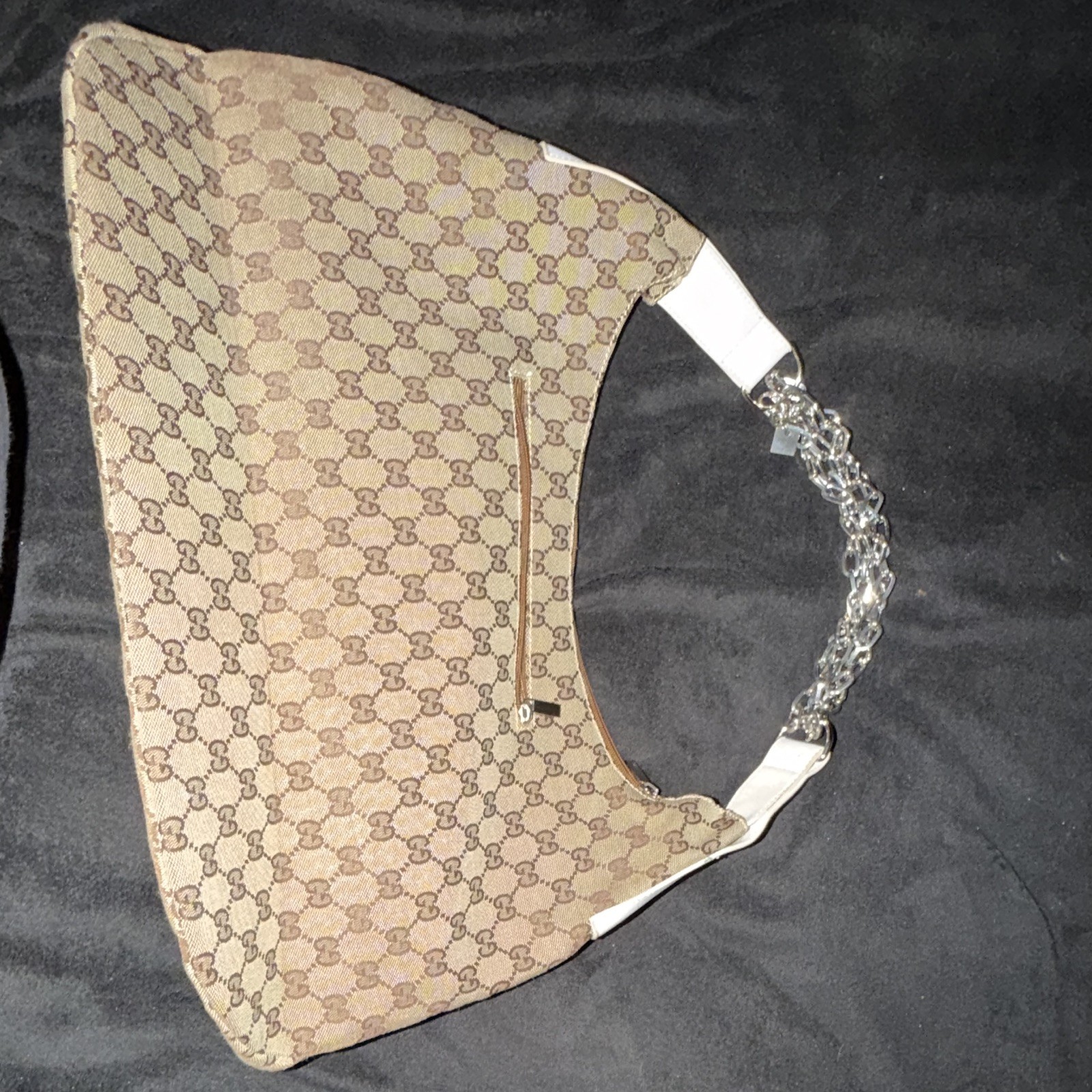 GG Pattern Shoulder Bag Beige/Brown White Trim Chain Strap Zip Silver