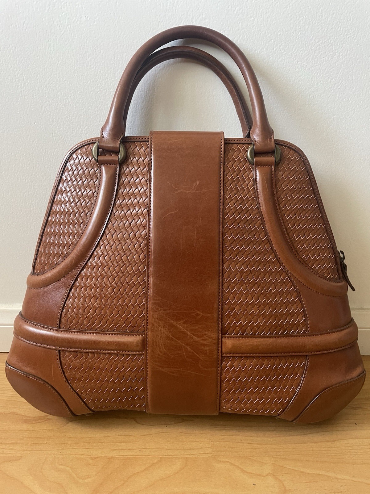 Authentic Alexander McQueen Novak Woven Leather Bag Caramel Cognac Toffee 16”