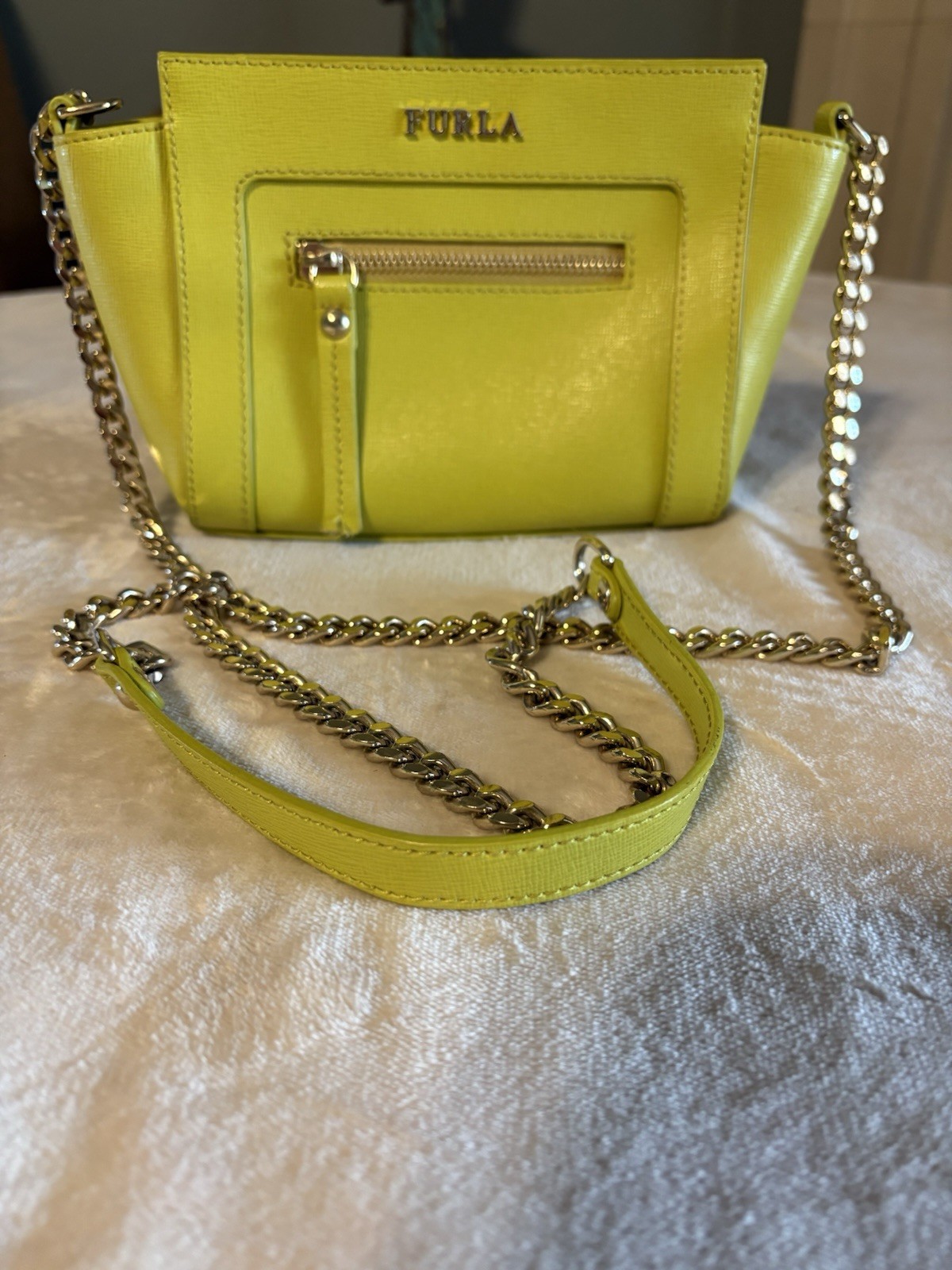 Furla Yellow Shoulder Bag Silver Chain Strap Zipper Accent Inner Pockets Women