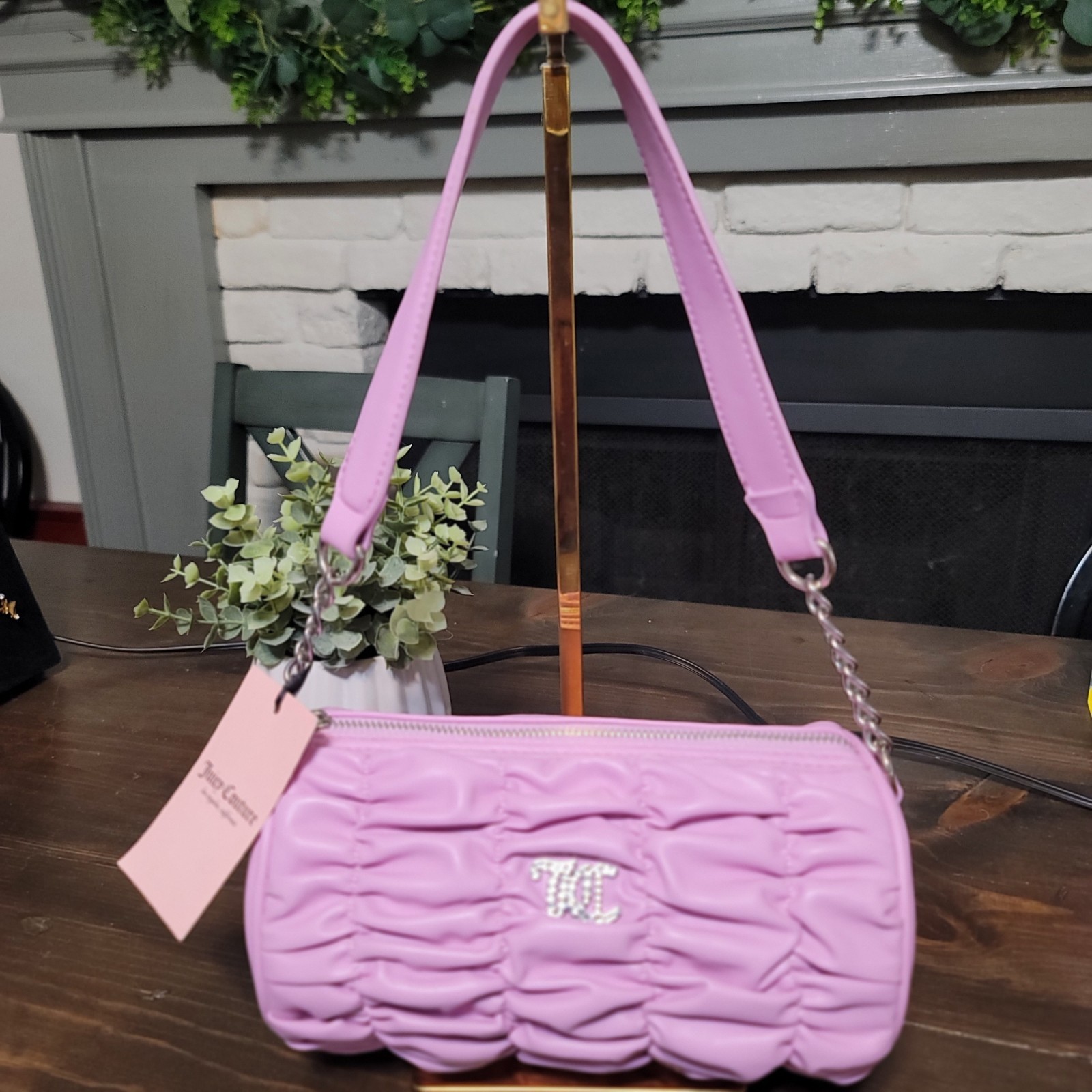 Juicy Couture Fondant Pink Ruched Shoulder Bag Heart Charm, Rhinestone Logo