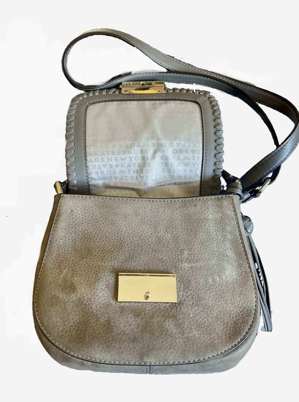Kate Spade Adalise Somerton St Gray Suede Leather Saddle Crossbody Bag Tassel