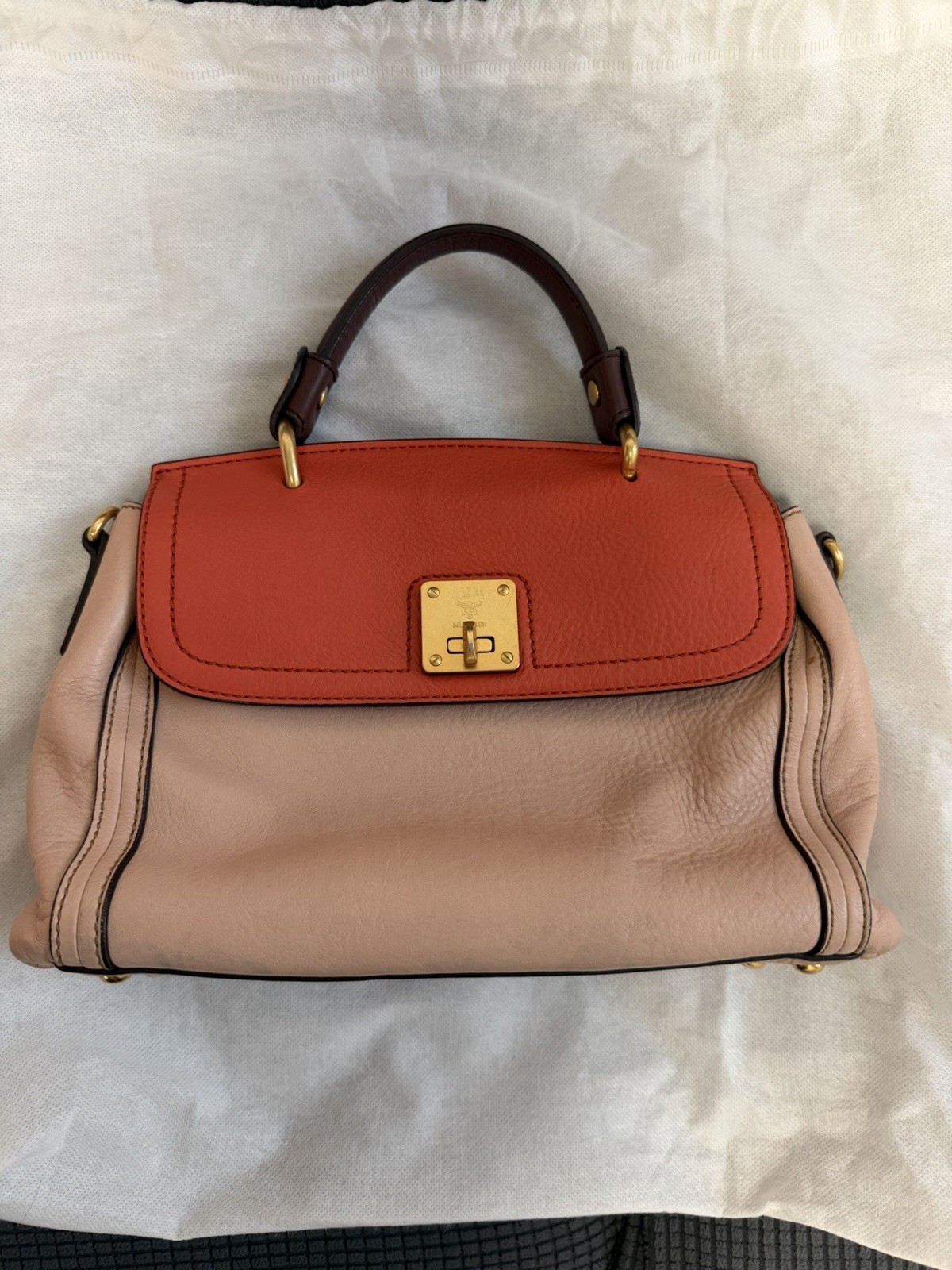MCM Beige Orange Satchel Top Handle Turn Lock Detachable Strap Gold Hardware Wo…