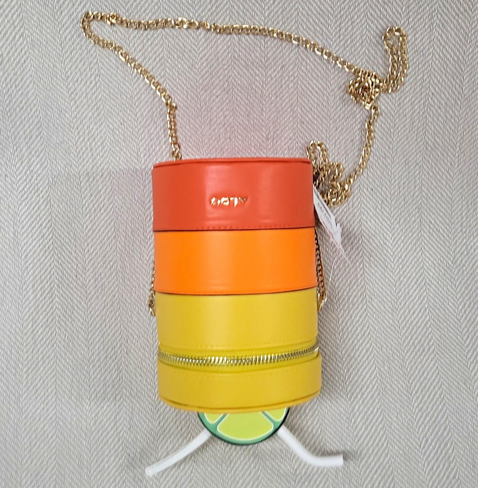 ALDO Lemon Mini Cylinder Crossbody Bag Yellow/Orange w/ Gold Chain Strap & Zip