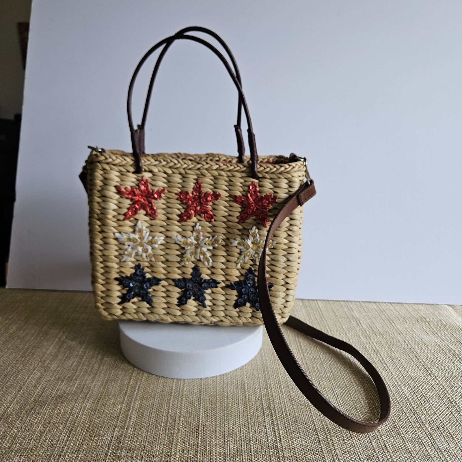Sonoma Straw Handbag Red White Blue Stars Woven Patriotic Crossbody Purse