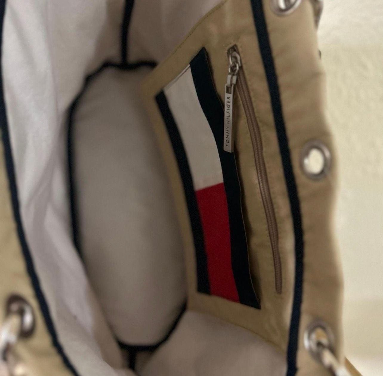 Tommy Hilfiger Vintage Tan Canvas Grommet Tote Bag