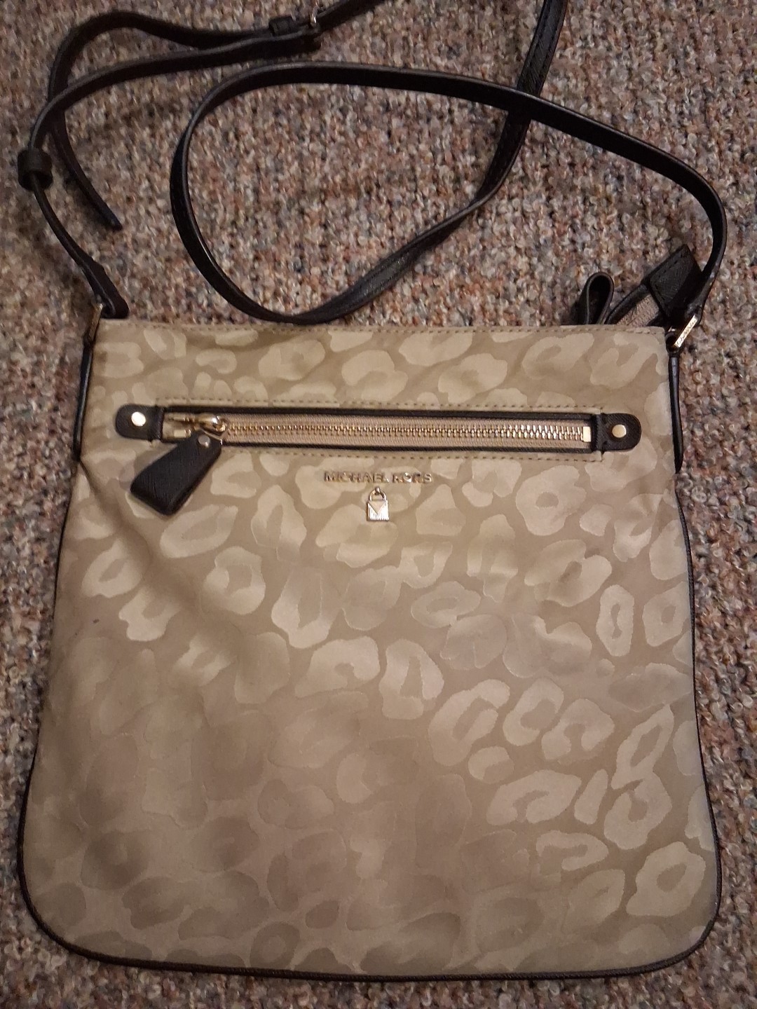 Michael Kors Crossbody Purse Bag Tan Nylon Kelsey Leopard Print Jacquard