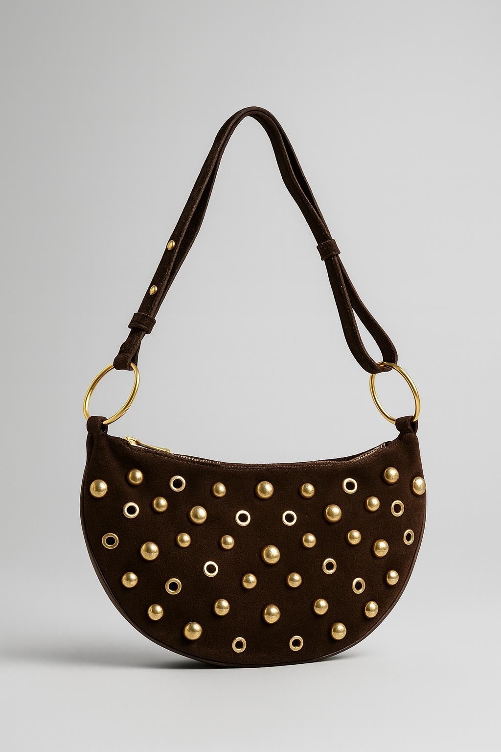 Coffee Brown Studded Shoulder Bag with Gold Hardware