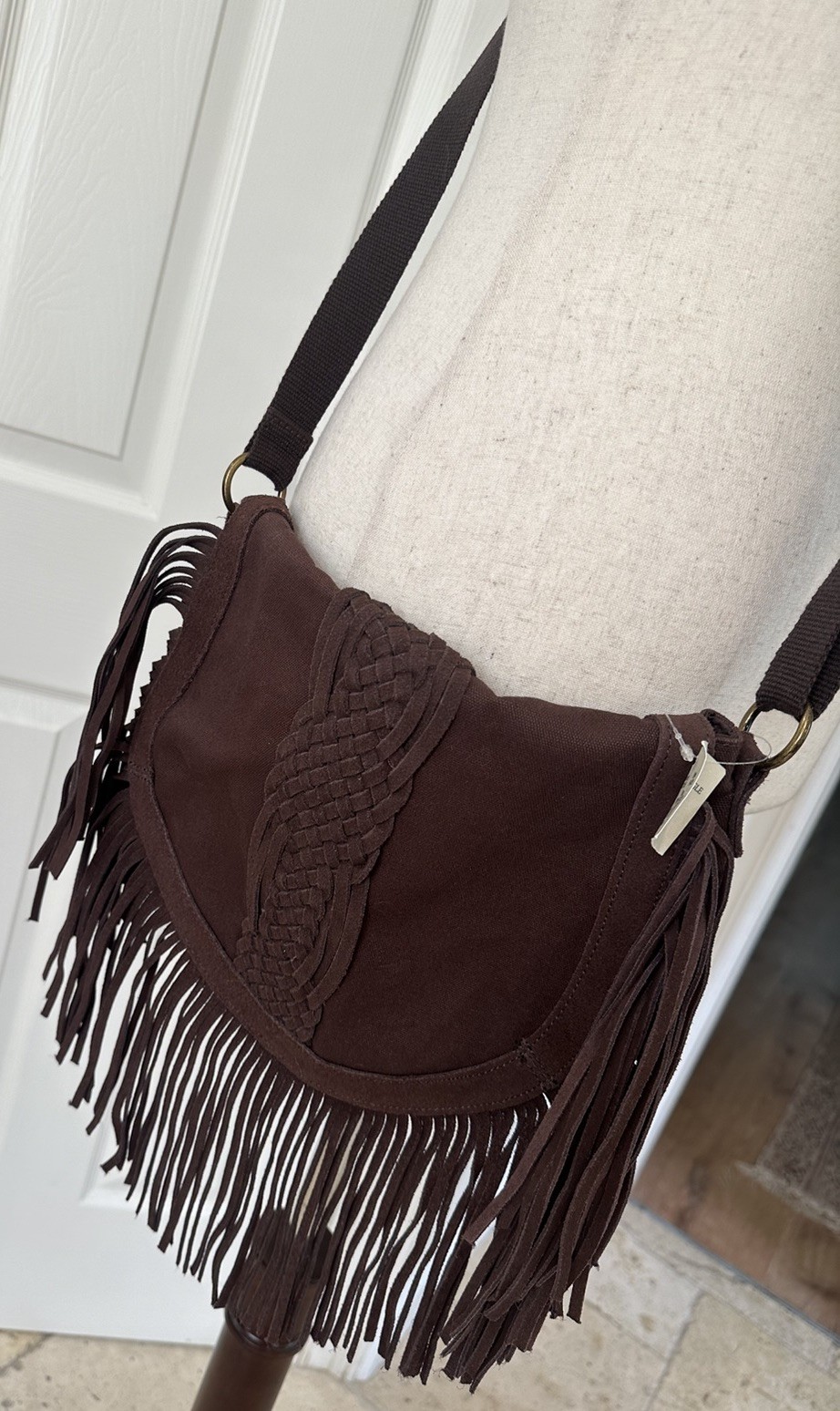 Y2K American Eagle Outfitters 2012 Leather Fringe Crossbody Purse Bag Brown Boho