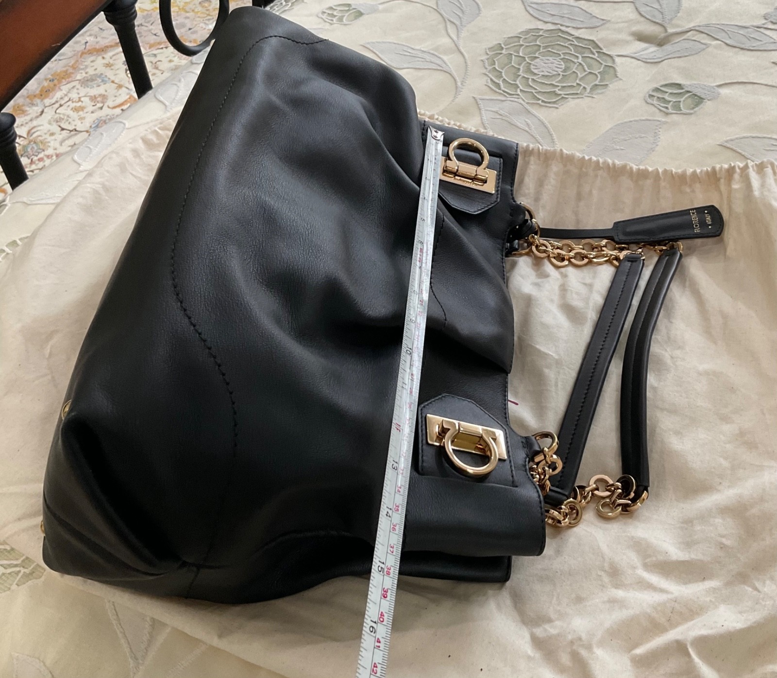 ferragamo Gancini Black Leather Shoulder Bag W Gold Hardwear In Dust Bag