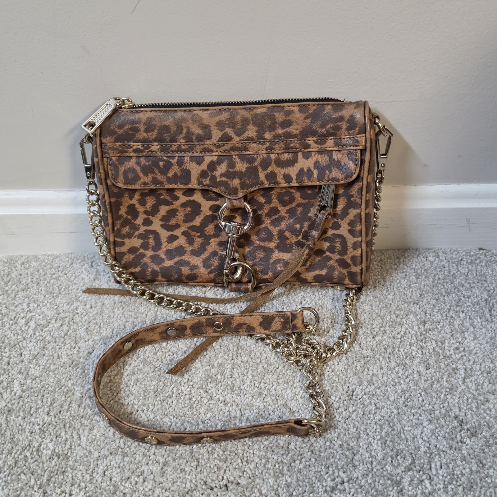 Rebecca Minkoff Cheetah Print Mini MAC Crossbody Bag Gold Link Strap