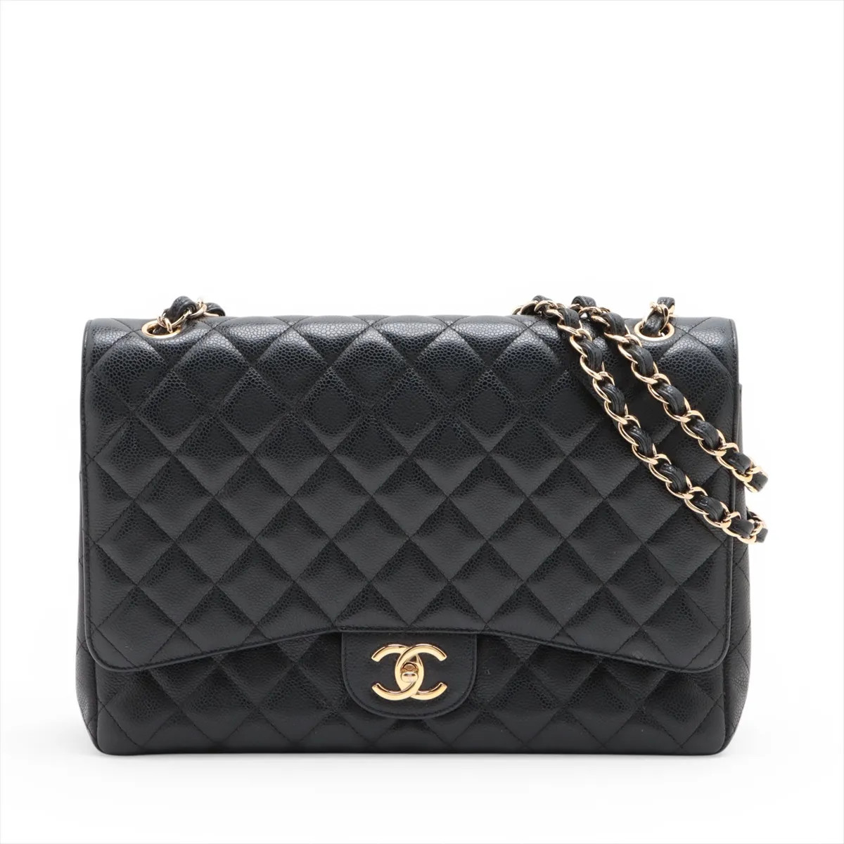 Chanel DEKAMATRASSE 34 Maxi Caviar Skin Double Flap Double Chain Bag Black Gold