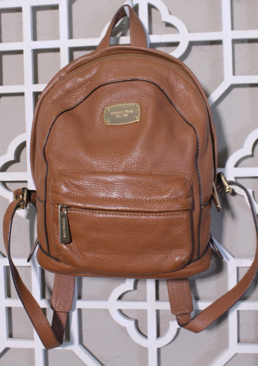 Michael Kors Leather Backpack Brown Gold Plate Overnight School College 10x9x4