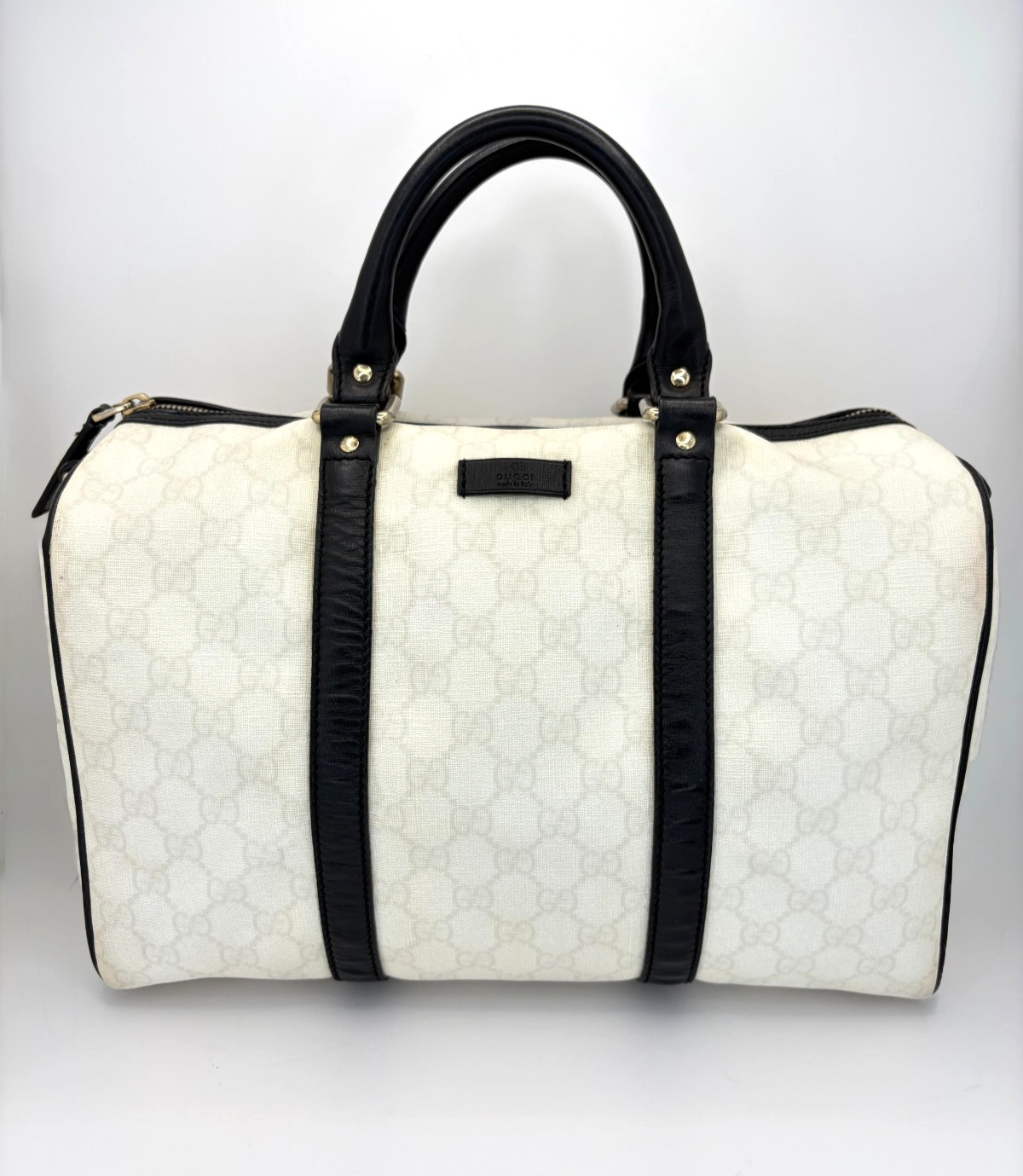 GUCCI Joy Boston Bag GG Supreme Medium White Canvas Satchel Black Leather Trim