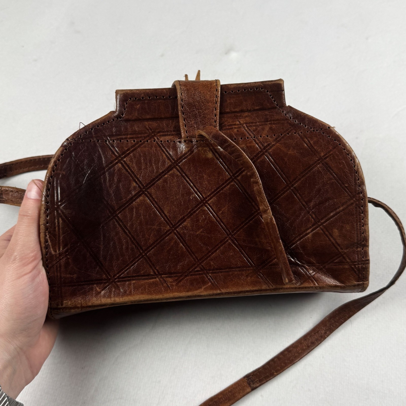 Vintage Brown Genuine Leather Tooled Crossbody Shoulder Bag Boho Western Handmad