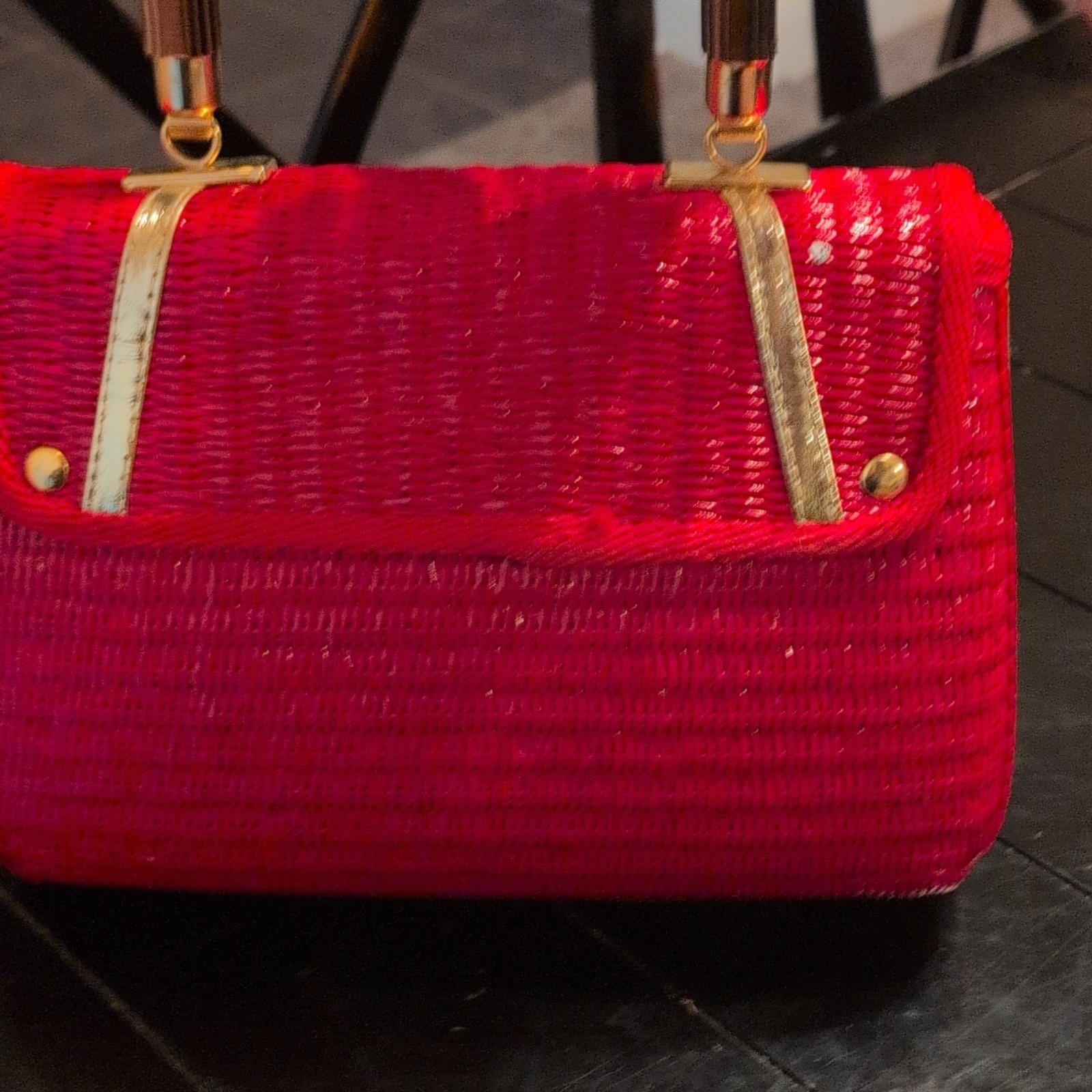Vanessa Red Top Handle Bag Turn Lock Gold Tone Hardware Inner Zip Pocket