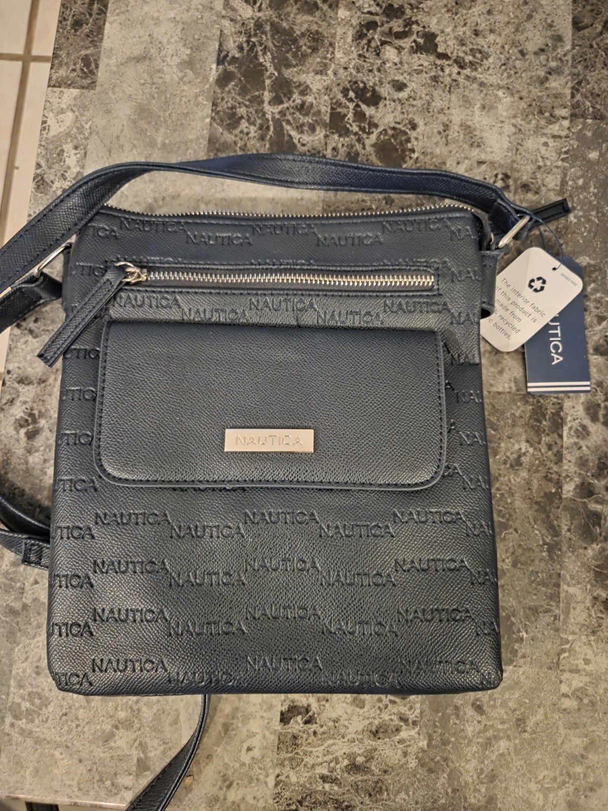 Nautica Navy Small Logo Print Crossbody Bag Zip Closure Pockets Adjustable Strap
