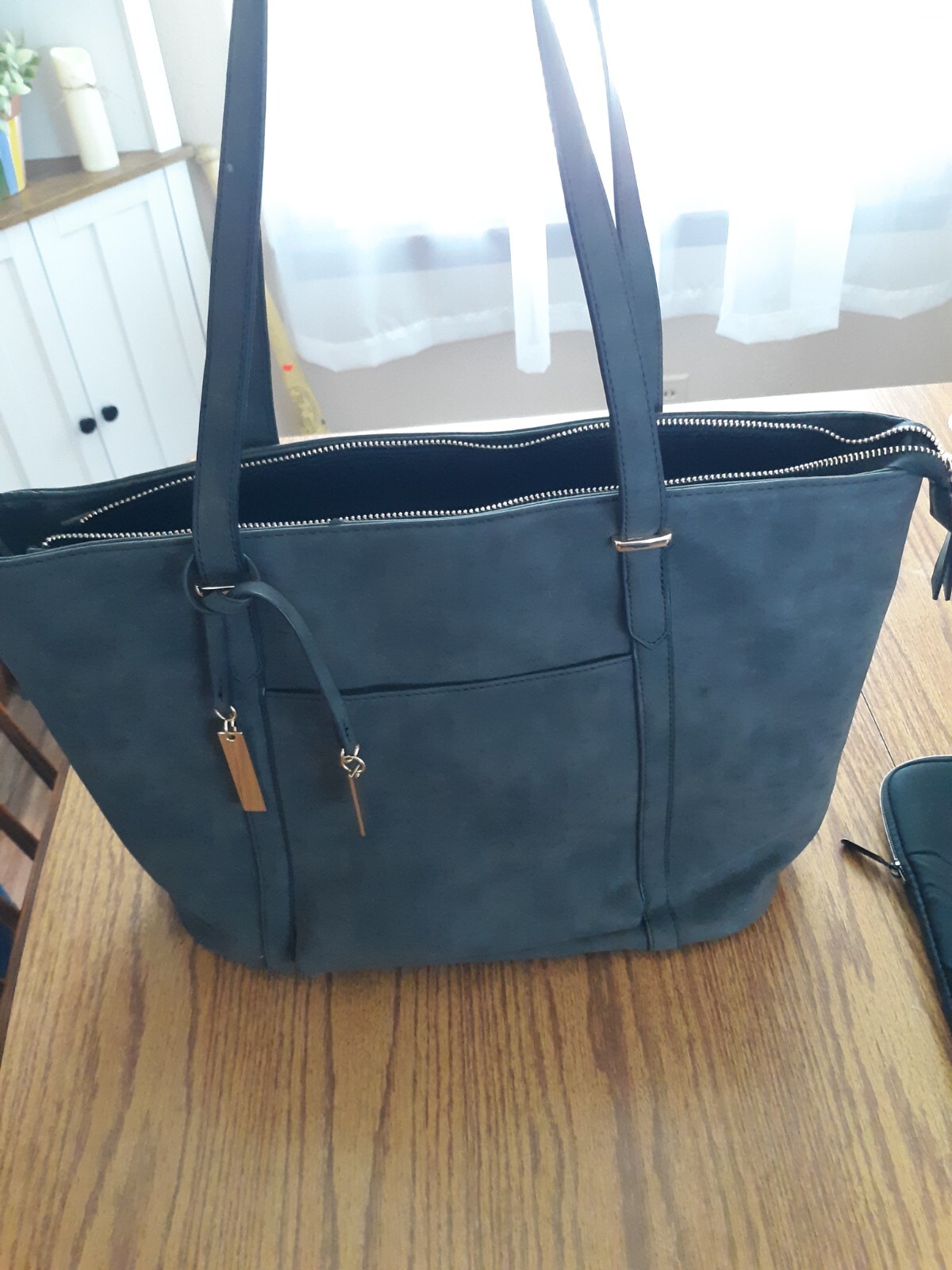 Charcoal Gray Large Tote Laptop Bag Belted Buckles Business Travel
