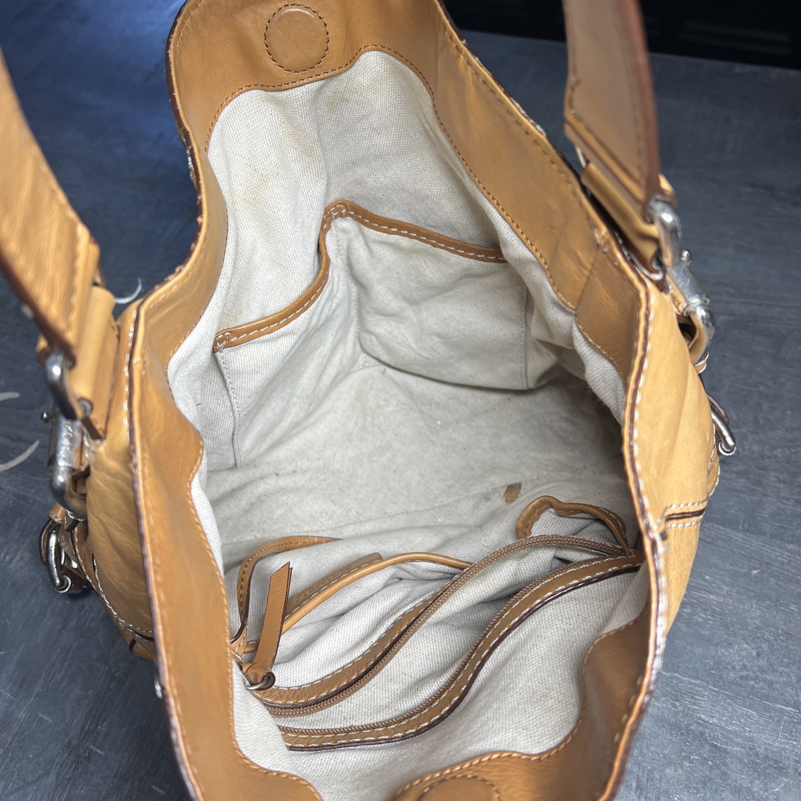 Michael Kors Brookville Hobo Shoulder Hand Bag Tan Leather Snap Buckle Details