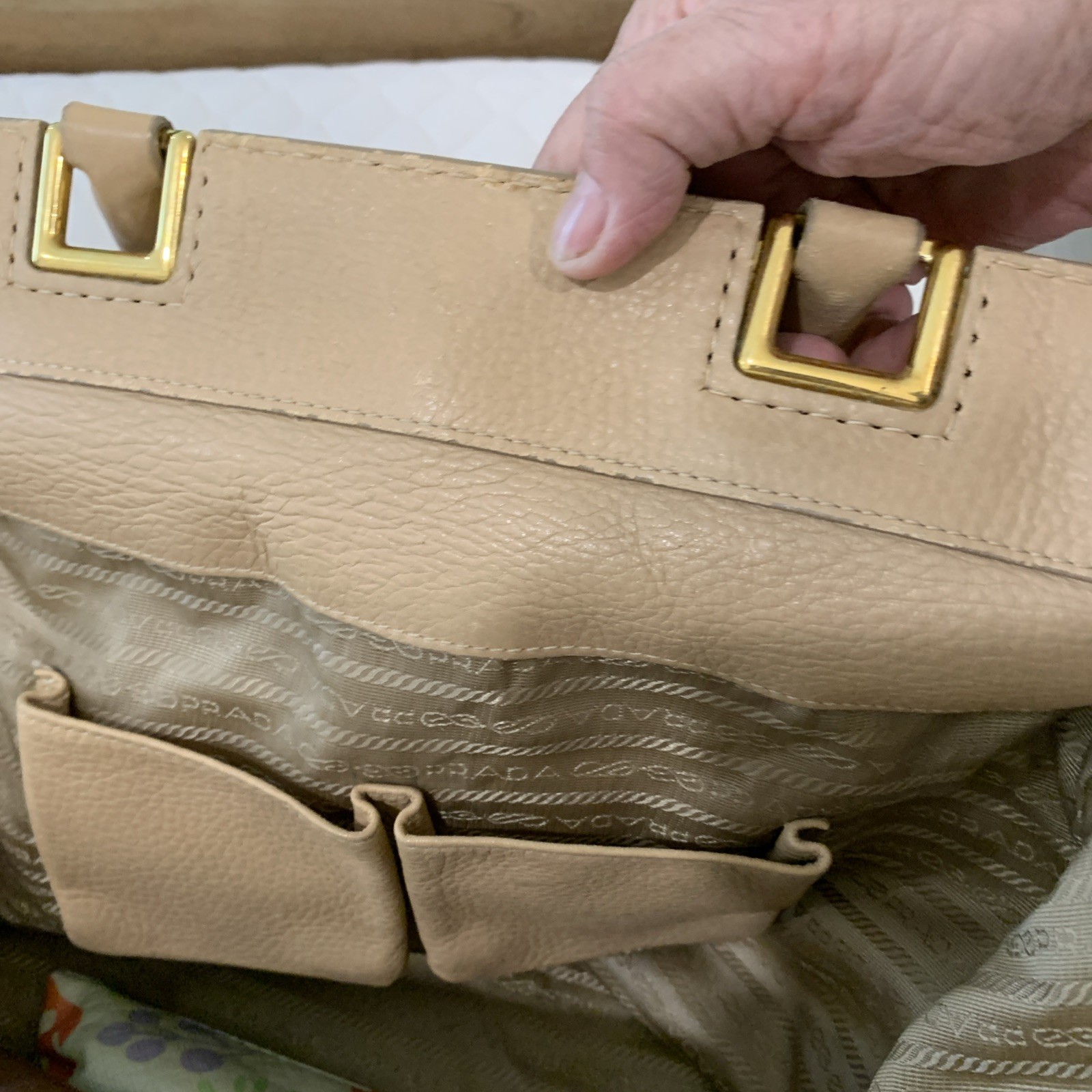 Prada Tessuto Two Way Leather Handbag with gold Hardware.