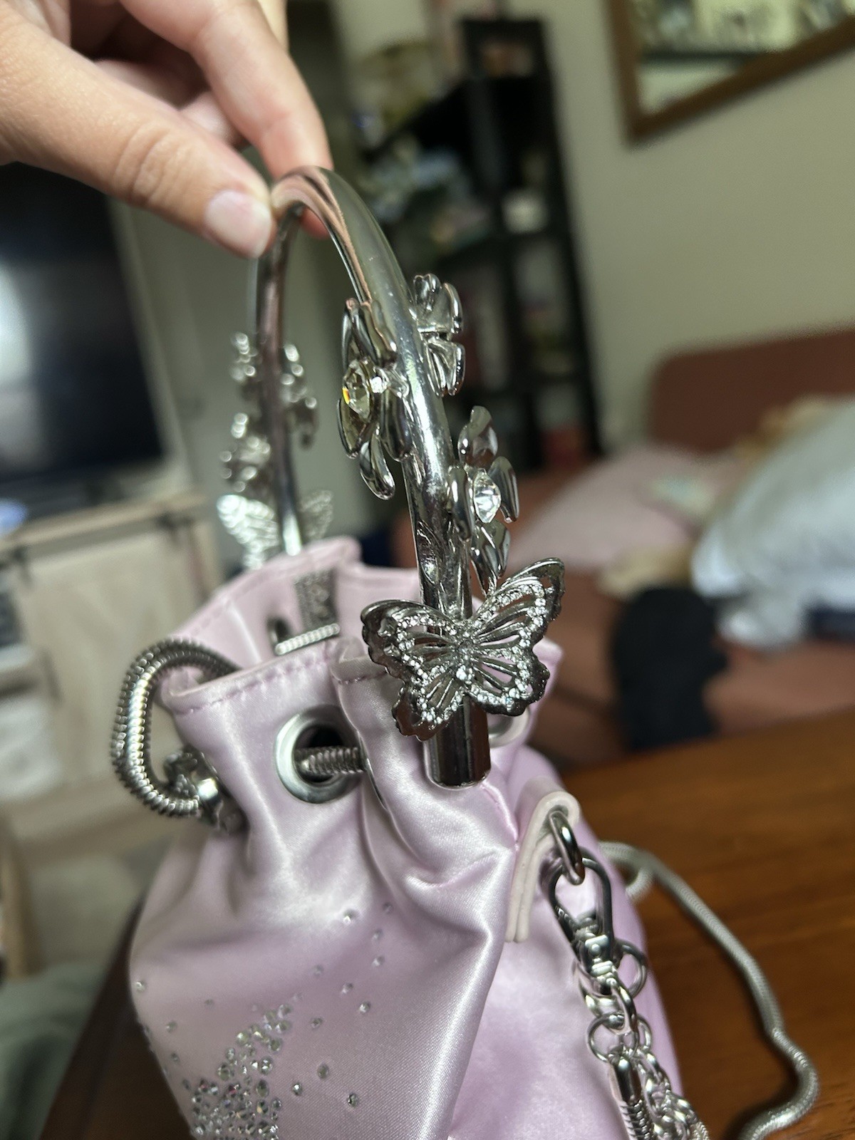 Wicked x Aldo Pink Rhinestone Butterfly Small Bucket Bag Top Handle Chain Strap