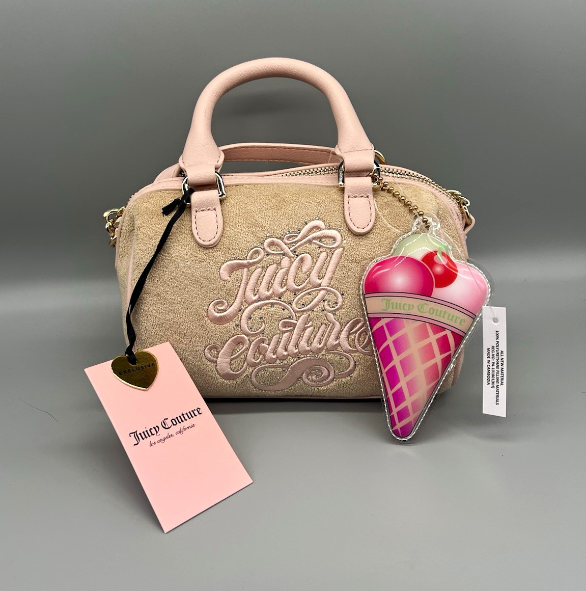 Juicy Couture Sugar Rush Small Crossbody Beige/Pink Zip Det Strap Cherry Charm