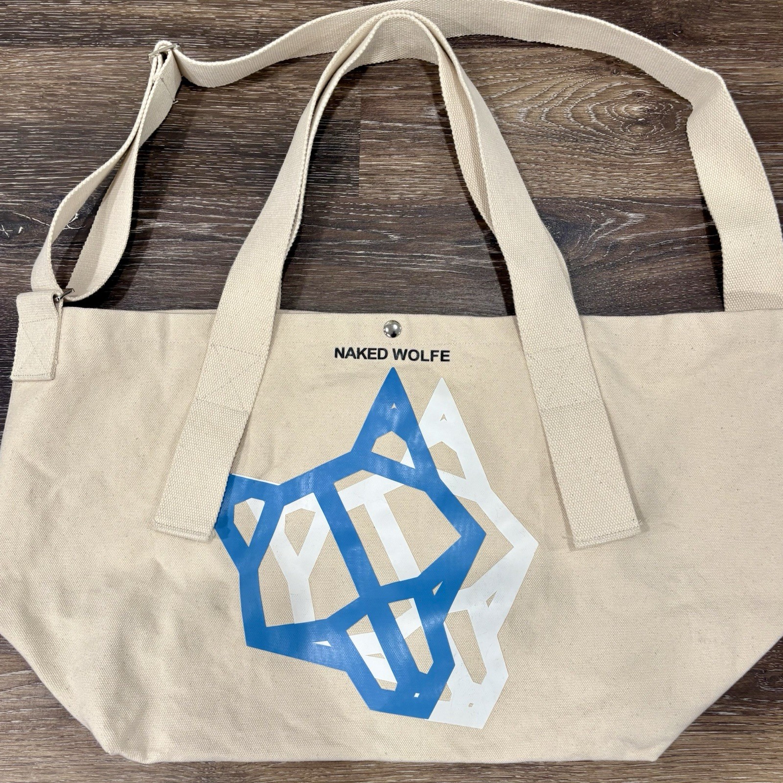NAKED WOLFE Large Canvas Tote Bag Purse 26”x9”x13” Beige Blue White Excellent