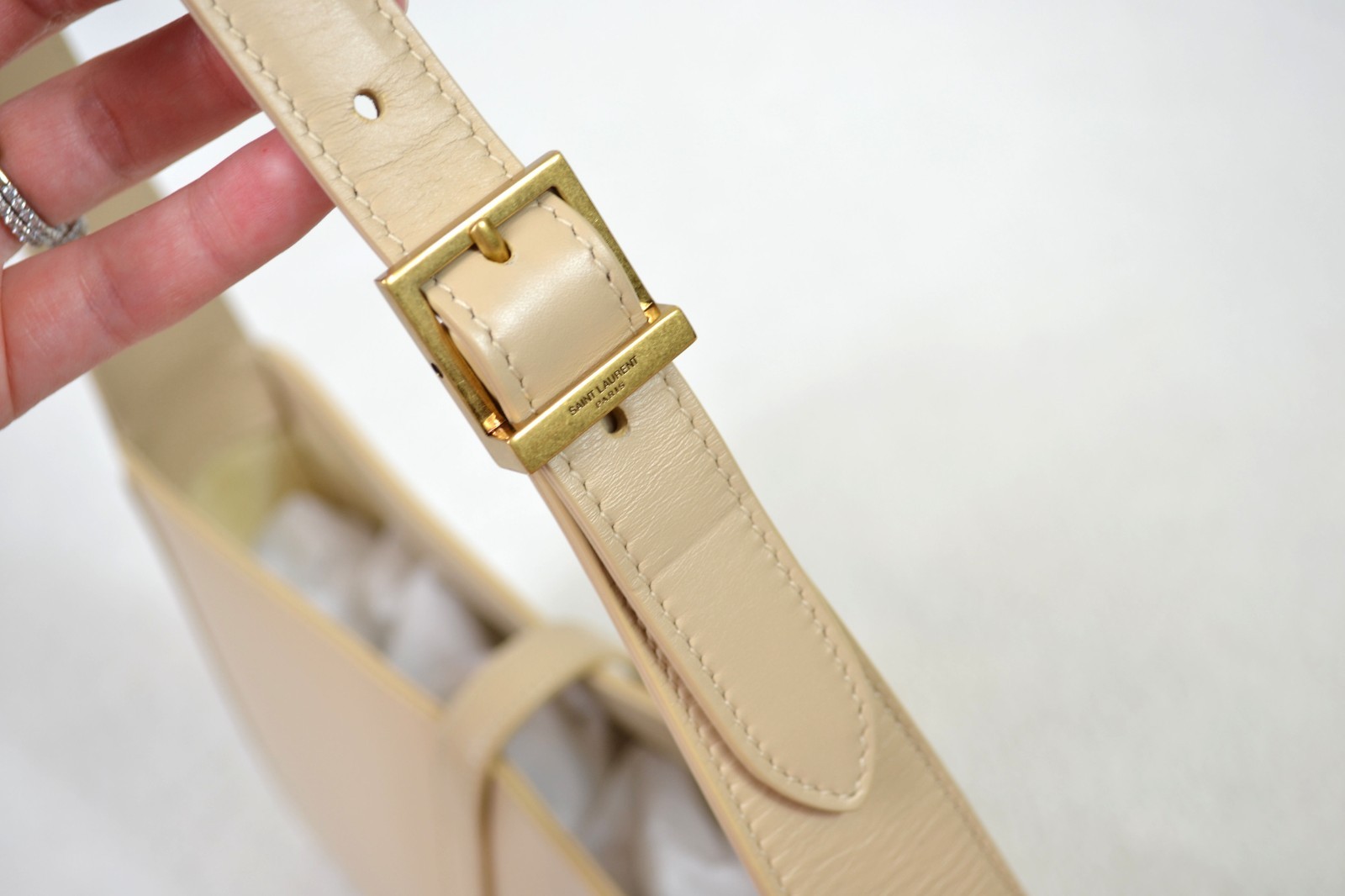 Saint Laurent YSL Le 5 a 7 Beige Smooth Leather Shoulder Bag Purse Handbag