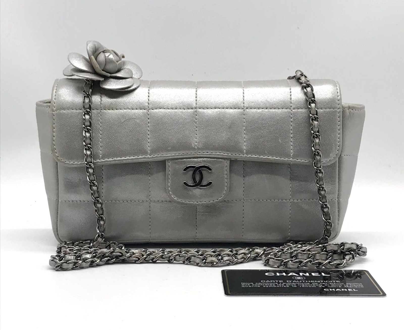 CHANEL Camellia Chocolate Bar Lambskin Chain Shoulder Bag Silver W 7.1in France