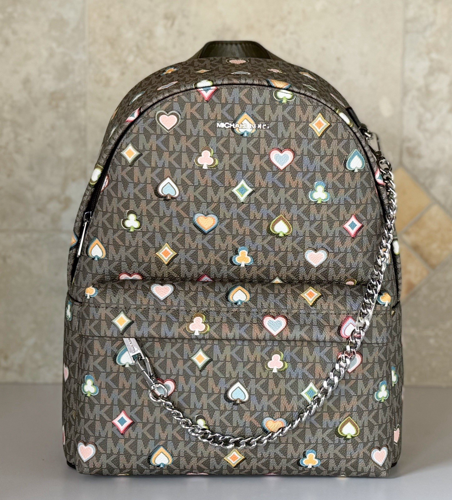 Michael Kors Slater Medium Chain Backpack MK Hearts Spades Diamonds Clubs Olive