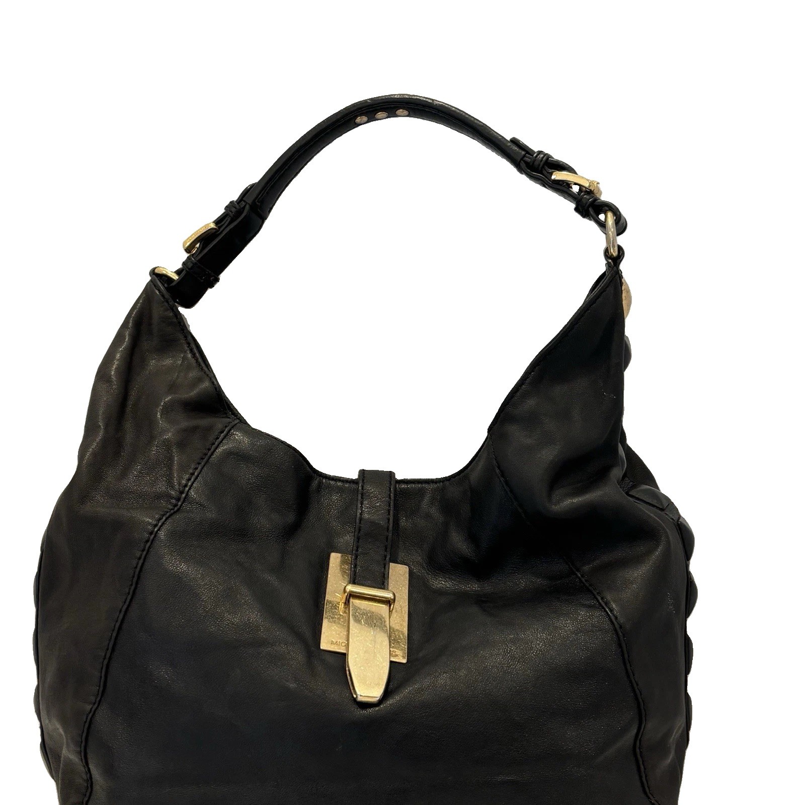 Women’s Michael Kors “Calista” Black Leather Shoulder Bag With Gold Tone Accents