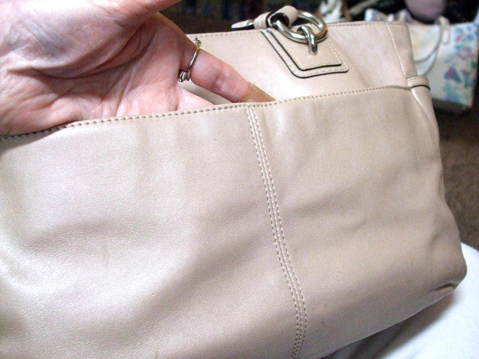COACH SATCHEL, BEIGE WITH PINKISH CAST, SILVERTONE HARDWARE, PRISTINE CONDITION