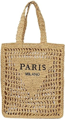 Italian Crochet Khaki Handbag Straw Beach Bag Straw Mesh Tote Paris Milano New