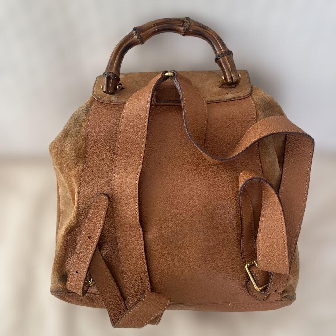 GUCCI Bamboo Suede Backpack Camel Gold Turn Lock Vintage Women Italy From Japan