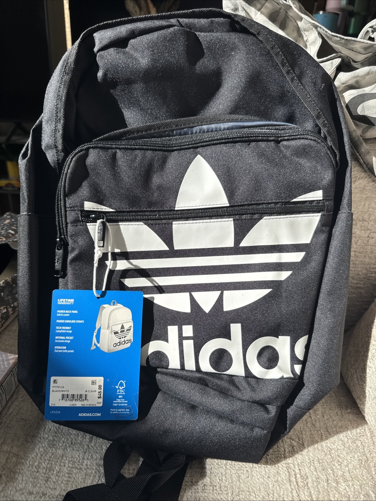NWT 🔥 ADIDAS Originals Trefoil Logo Black Backpack School Gym Travel 15x17x7