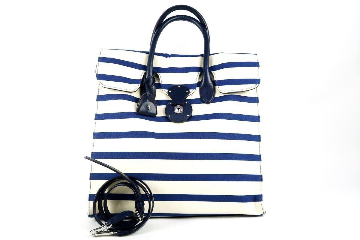 Ralph Lauren Ricky Canvas Tote Bag Color Blue Striped Pattern Used