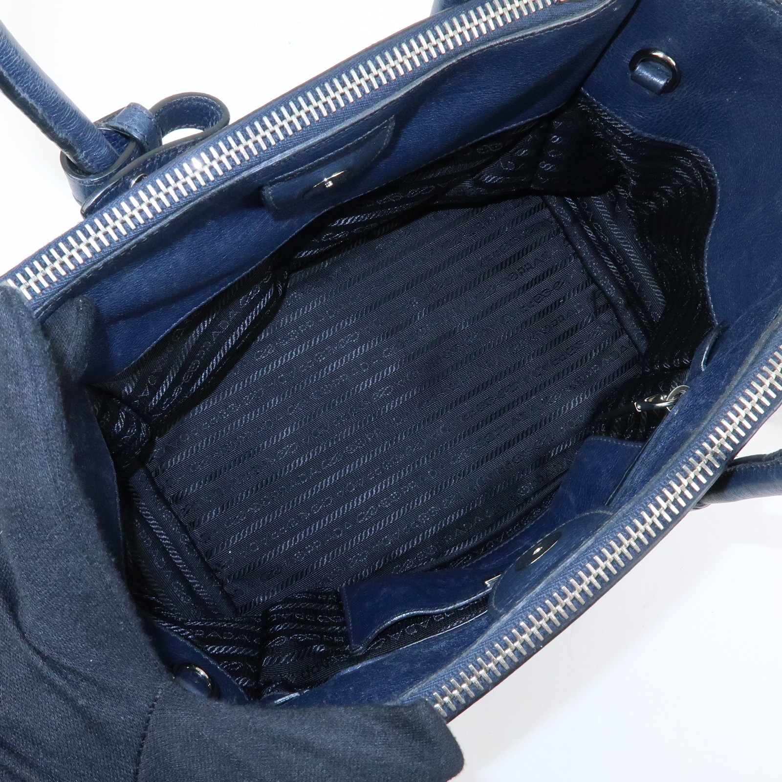 PRADA Triangle Logo Leather 2Way Bag Tote Bag Hand Bag Navy B2625M Auth Used F/S