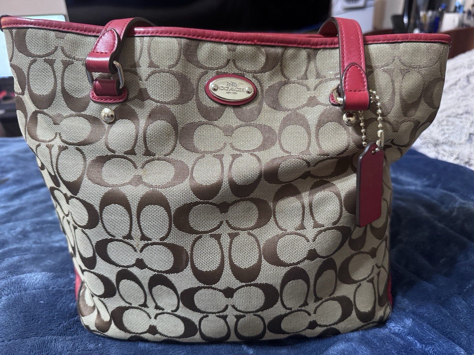 Coach Signature Canvas Tote Bag Red Leather Trim Shoulder Purse Hangtag EUC